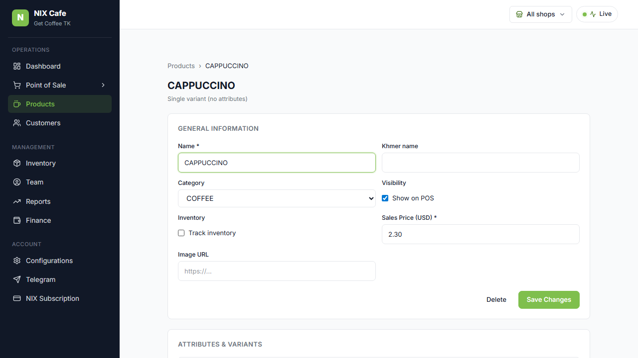 CAPPUCCINO edit page category dropdown showing native categories
