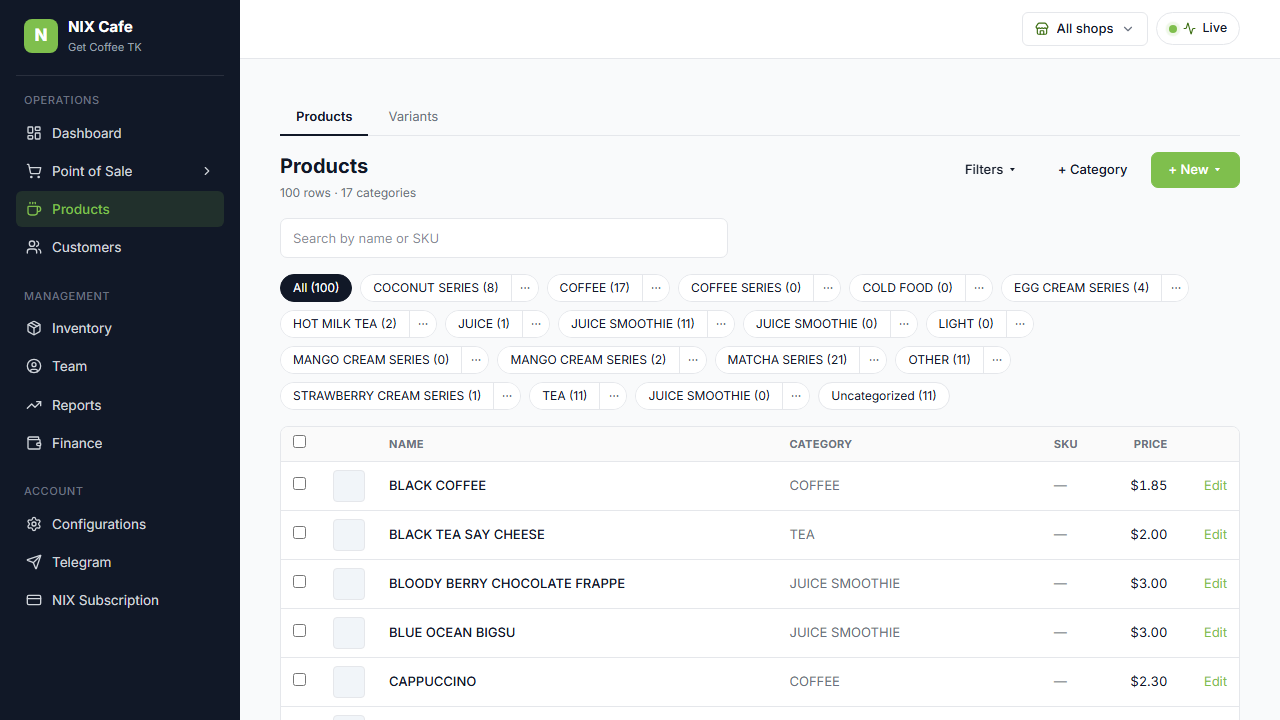 Products list category filter rail showing native categories