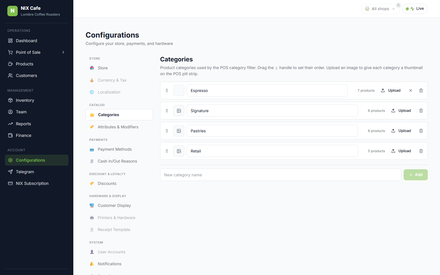 Categories page with an uploaded thumbnail on Espresso