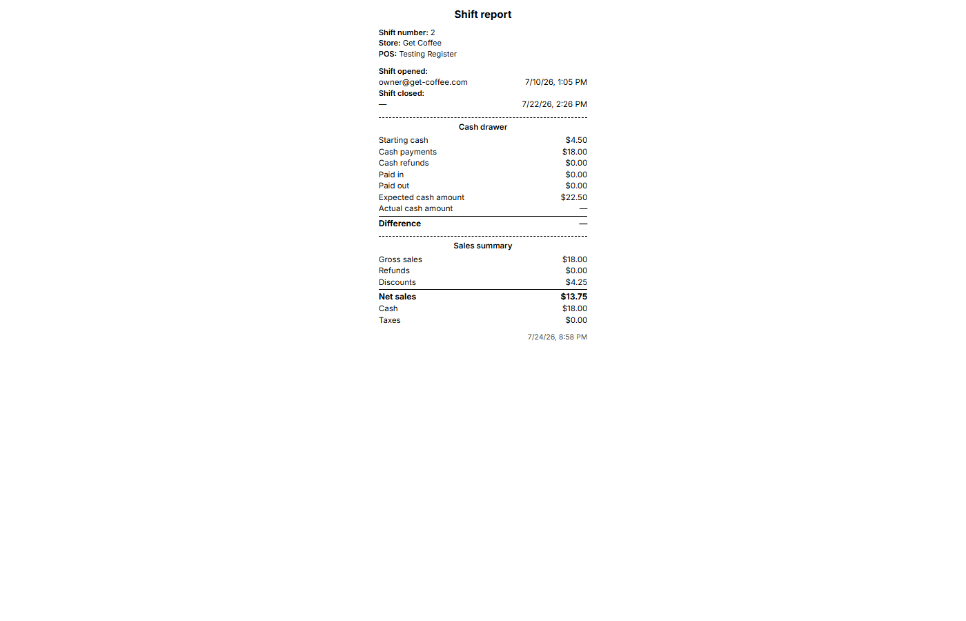 staging shift report showing Discounts $4.25