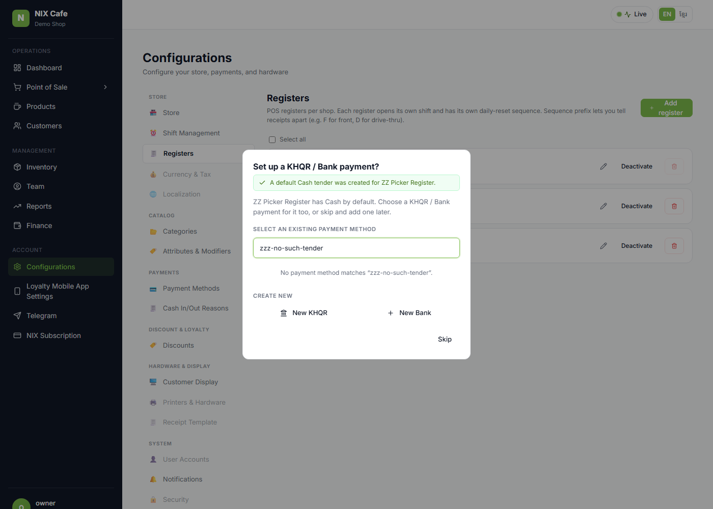 No matching payment method