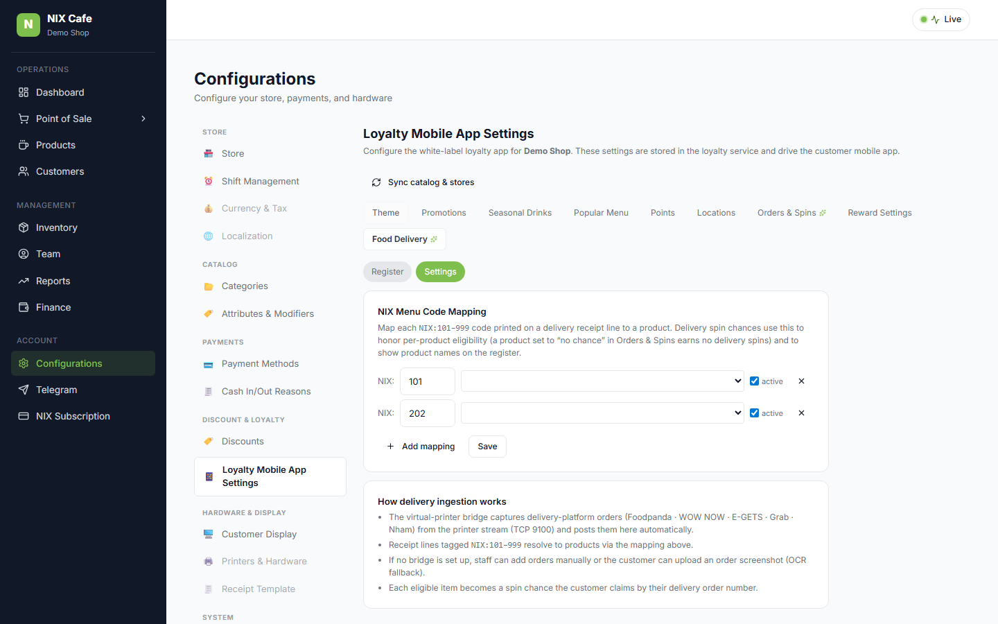 NIX menu-code mapping editor