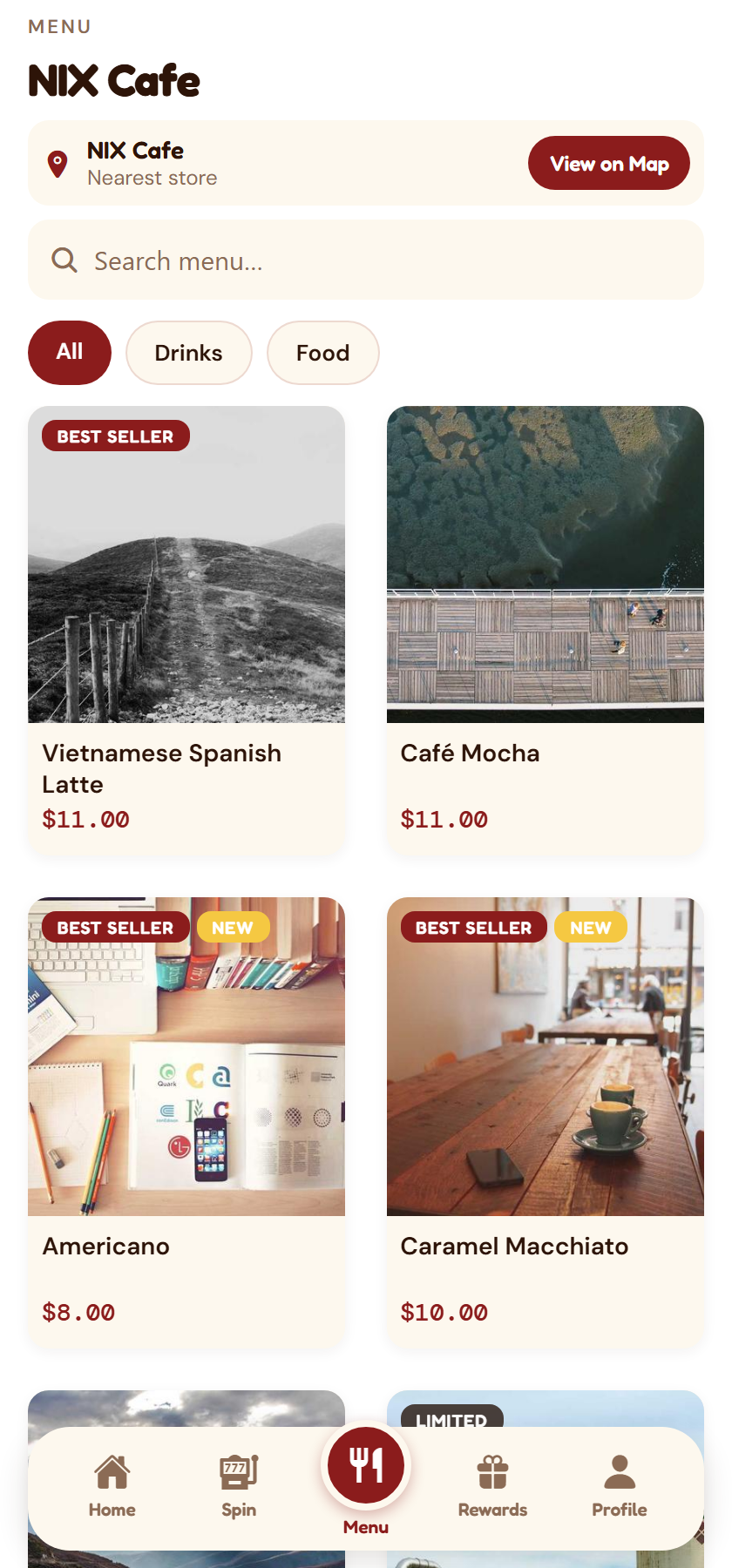 Customer app menu with real badges