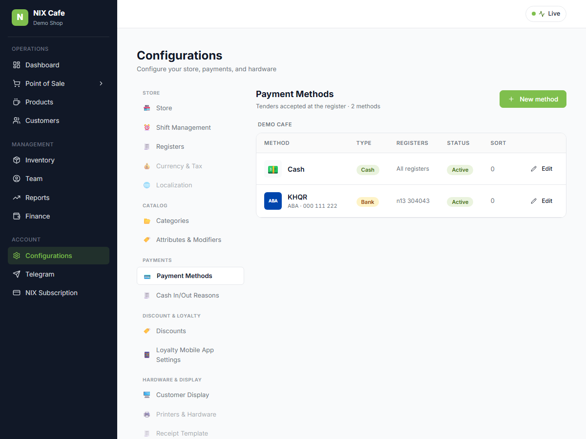 KHQR method created + linked to the new register