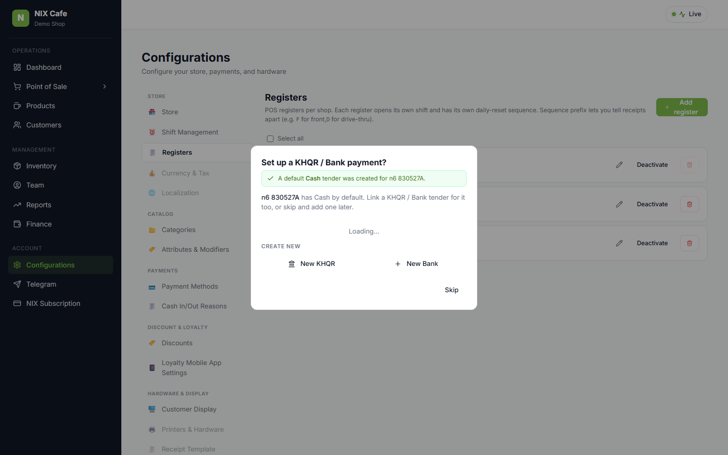 Cash created confirmation banner