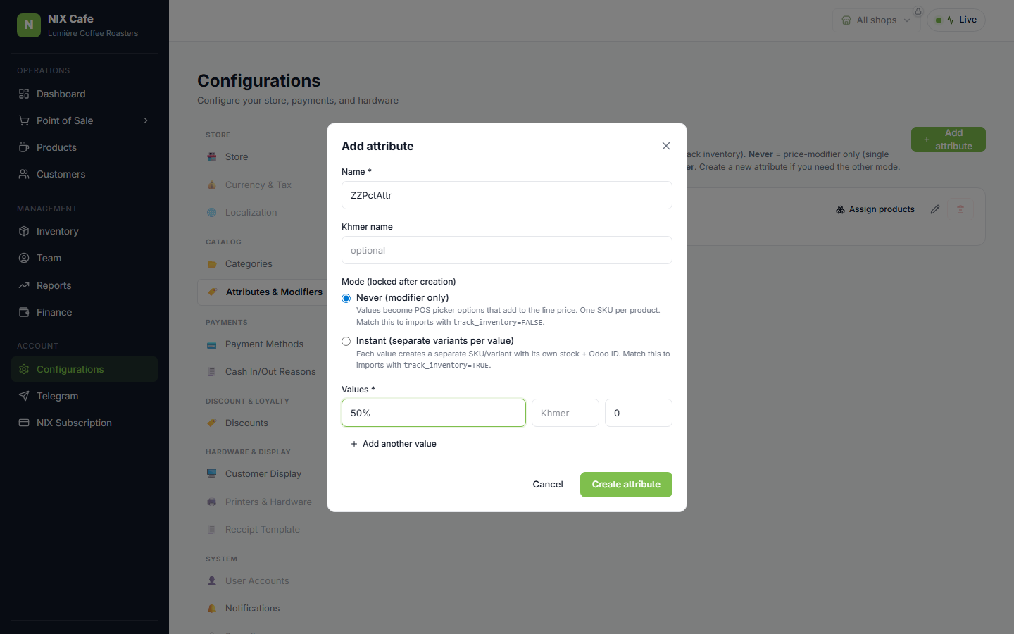 Create attribute modal with 50% value