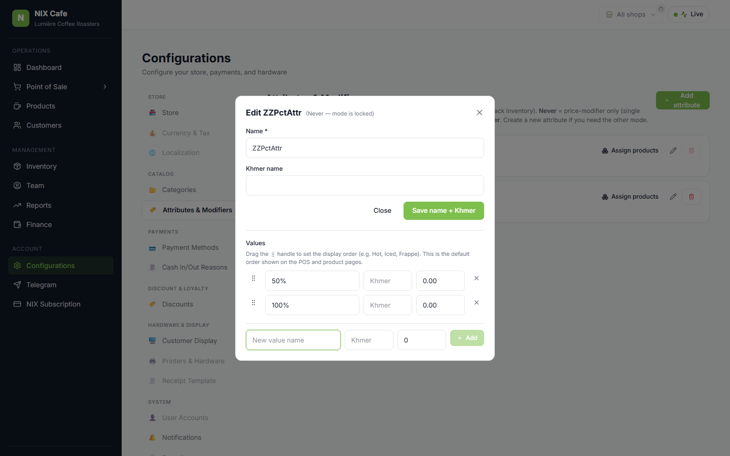 Edit modal with 100% value added