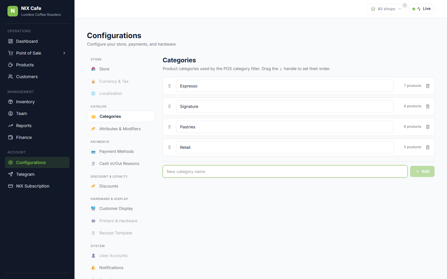 Categories page with % category