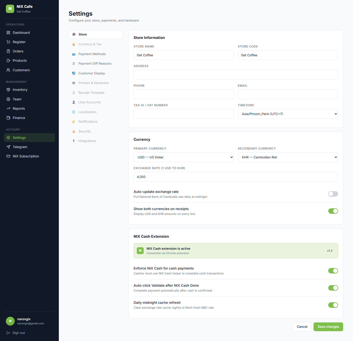 Settings page sidebar with wired links