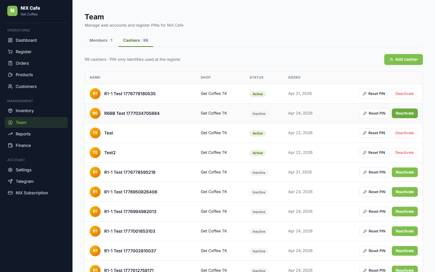 Cashier row after Deactivate click