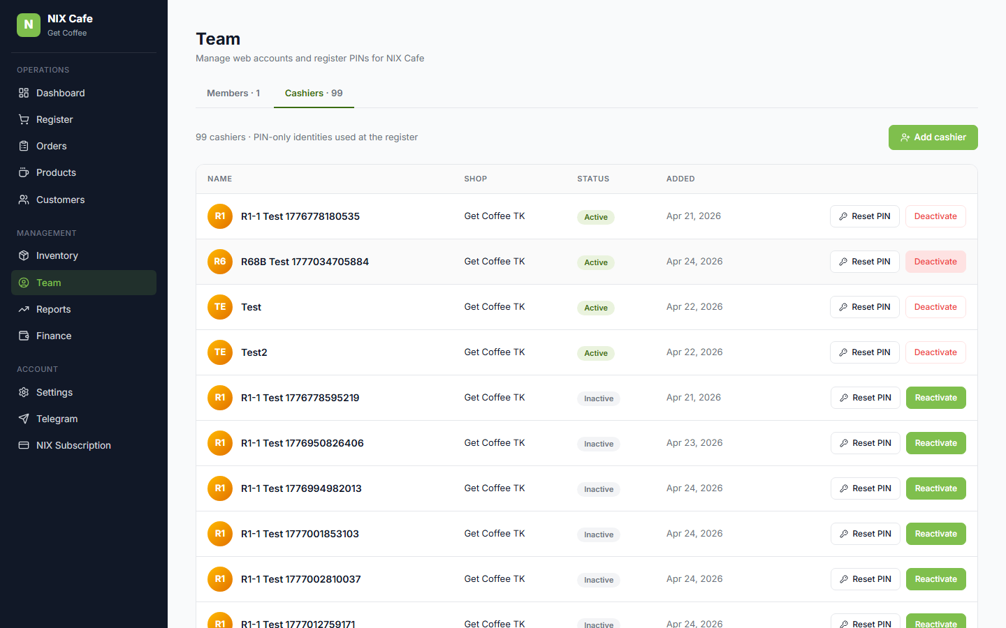 Cashier row after Reactivate click