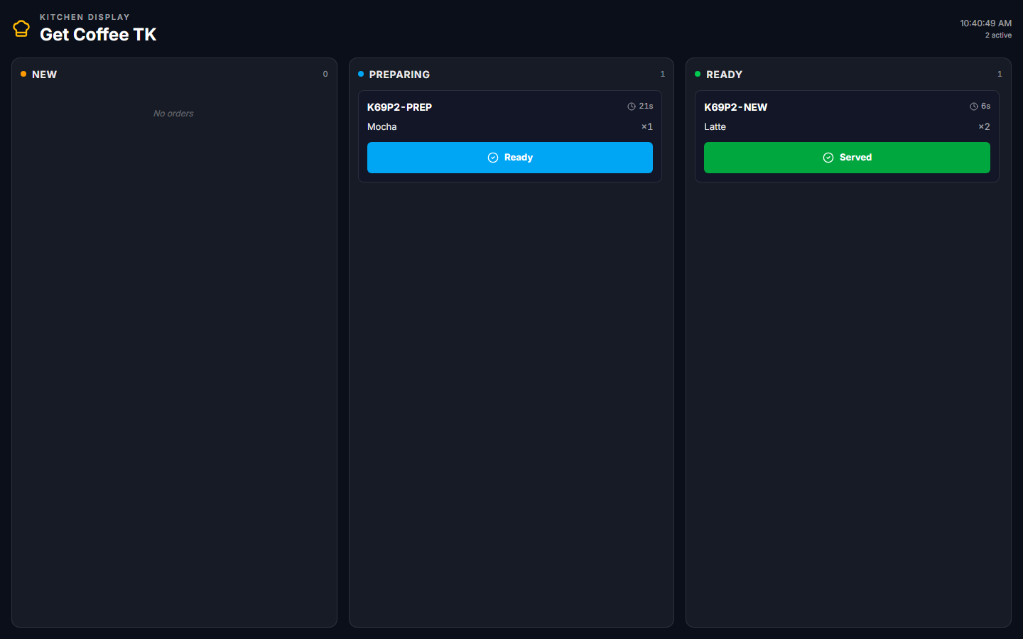 Kitchen Display after Ready click