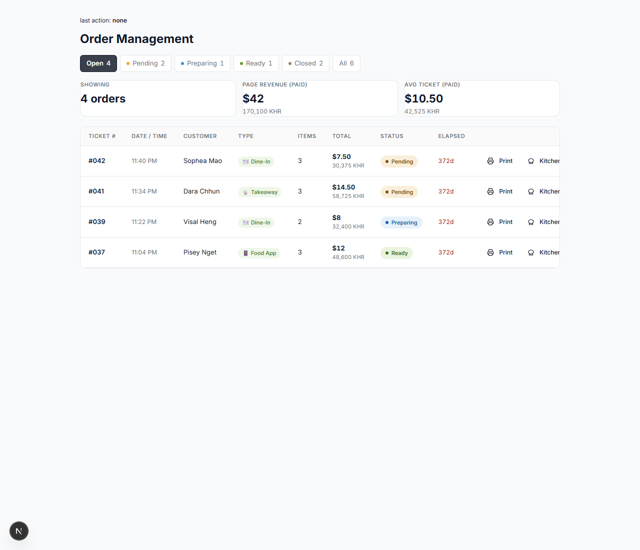 Open tab with orders