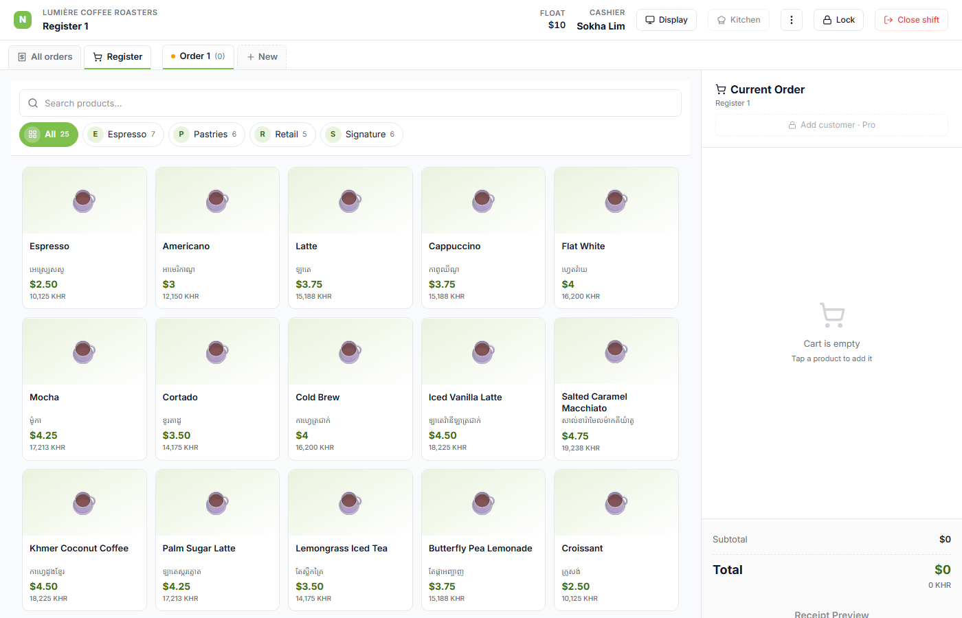 POS register with category pill strip and thumbnails