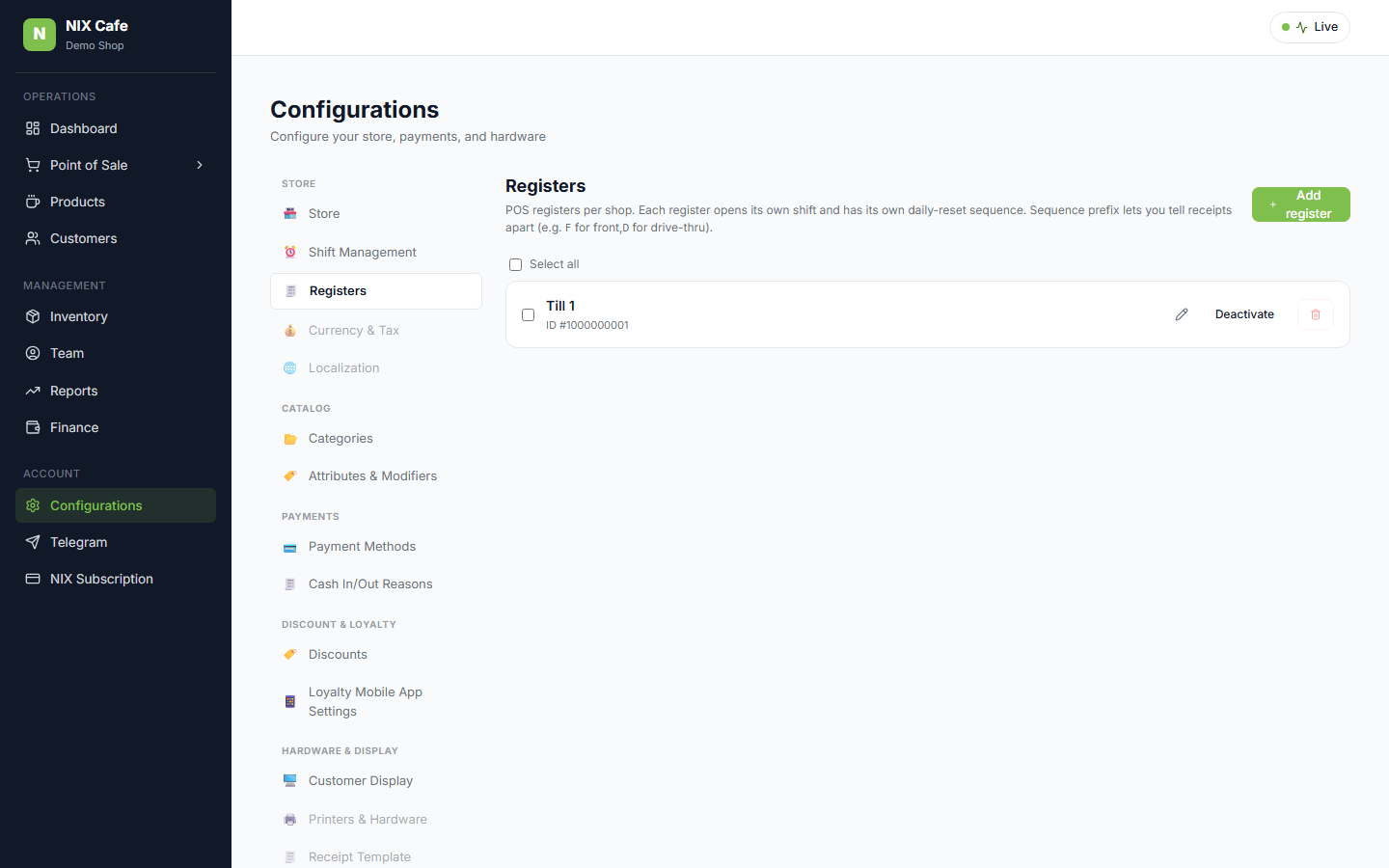 Registers admin under Configurations