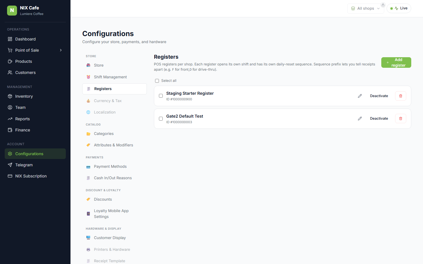 New register in the Configurations admin