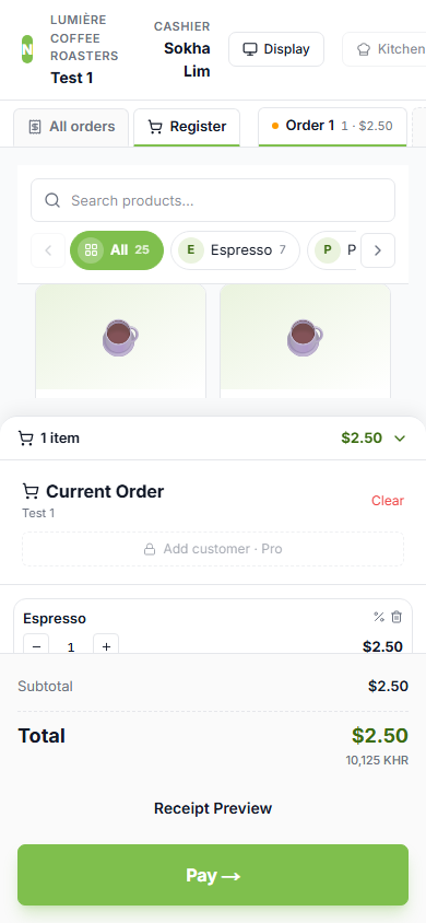 Mobile POS: menu on top, cart pinned at the bottom