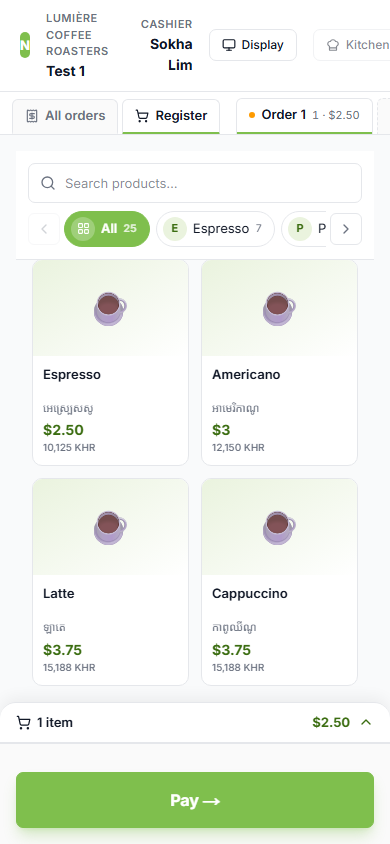 Mobile POS with the cart collapsed to a summary bar
