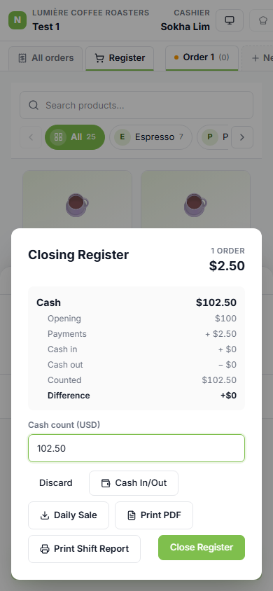 Mobile close-shift dialog