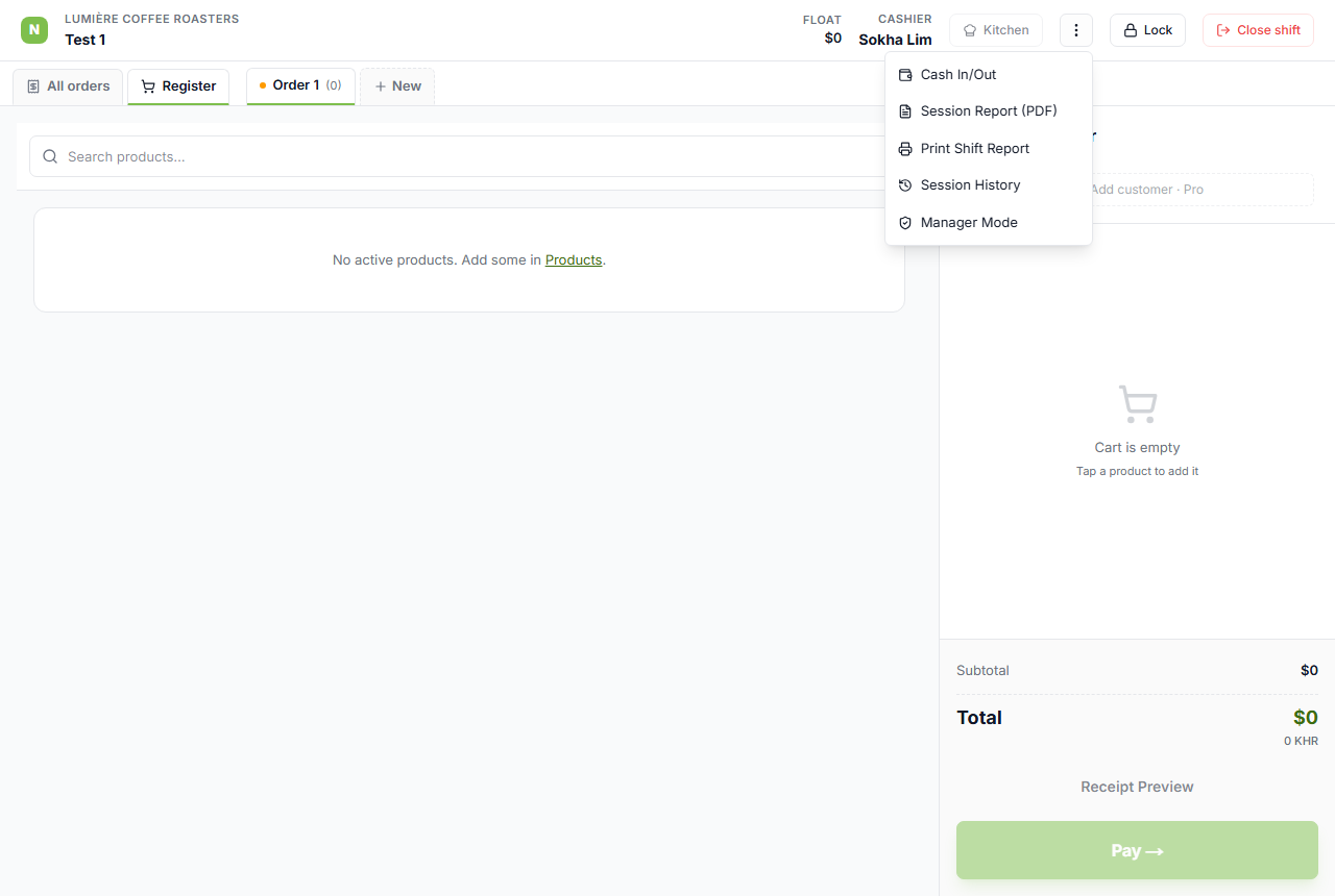 POS more-menu open on Starter fullscreen register