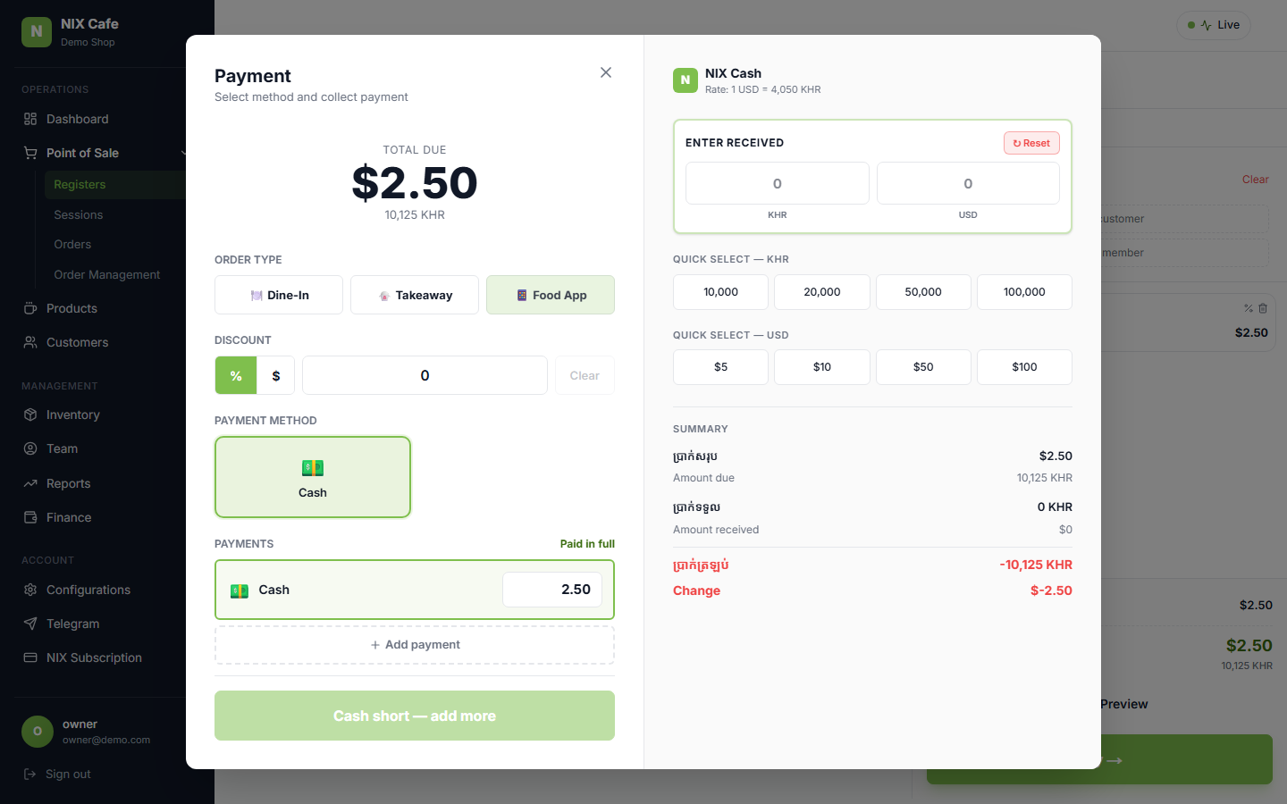 Pay dialog with Food App selected