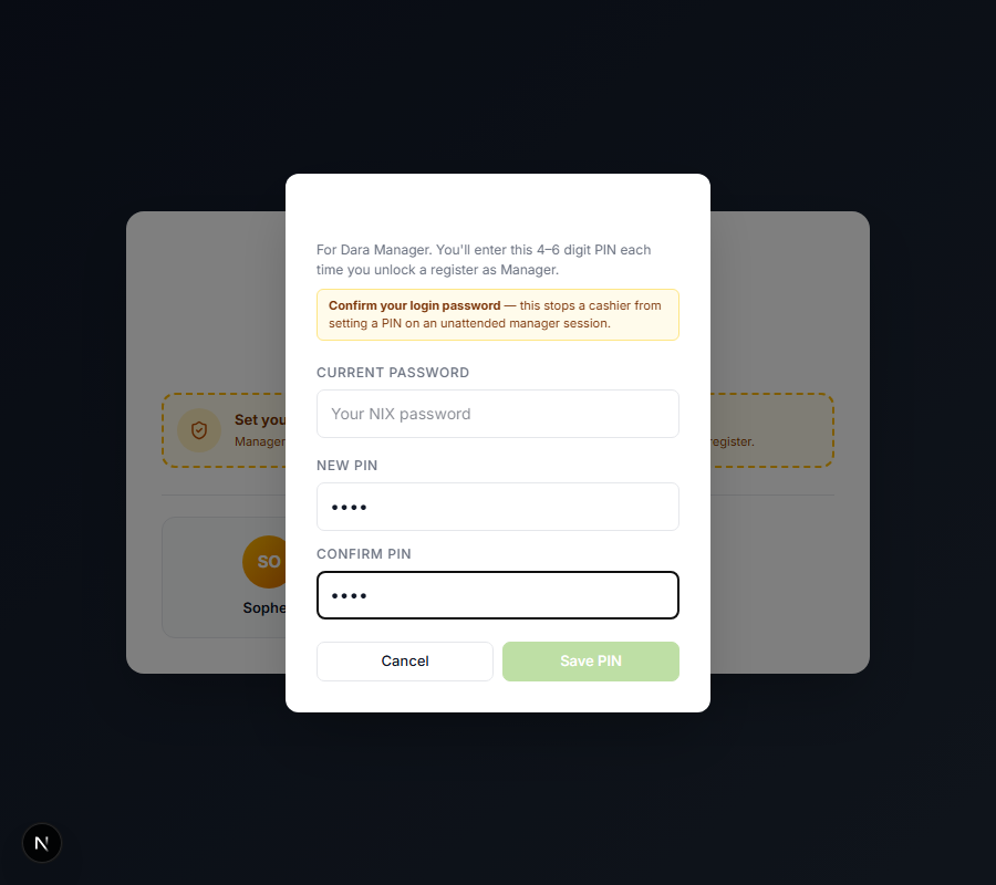 Set PIN dialog