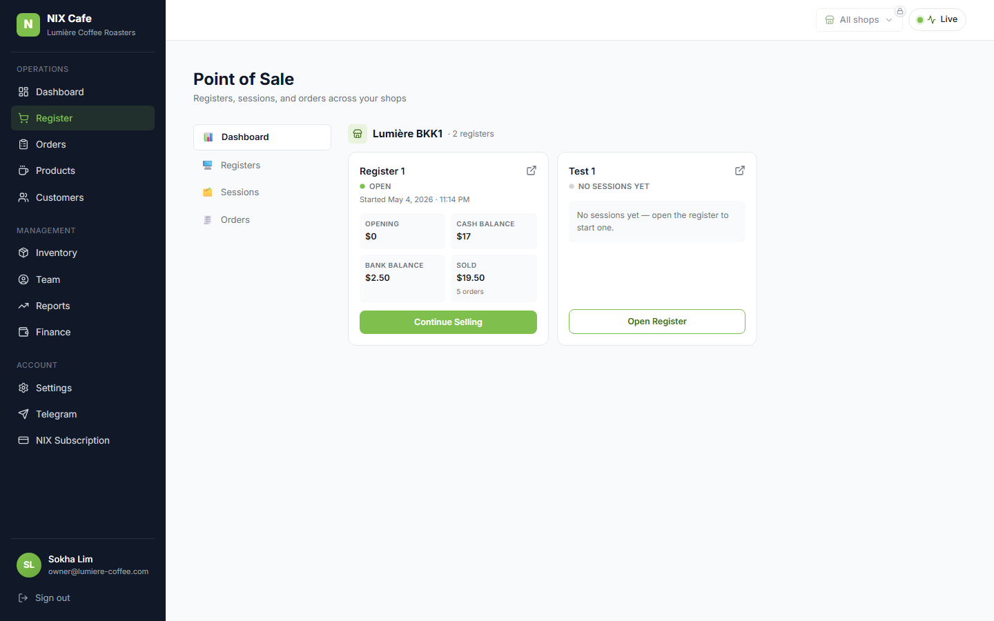 lumiere POS dashboard