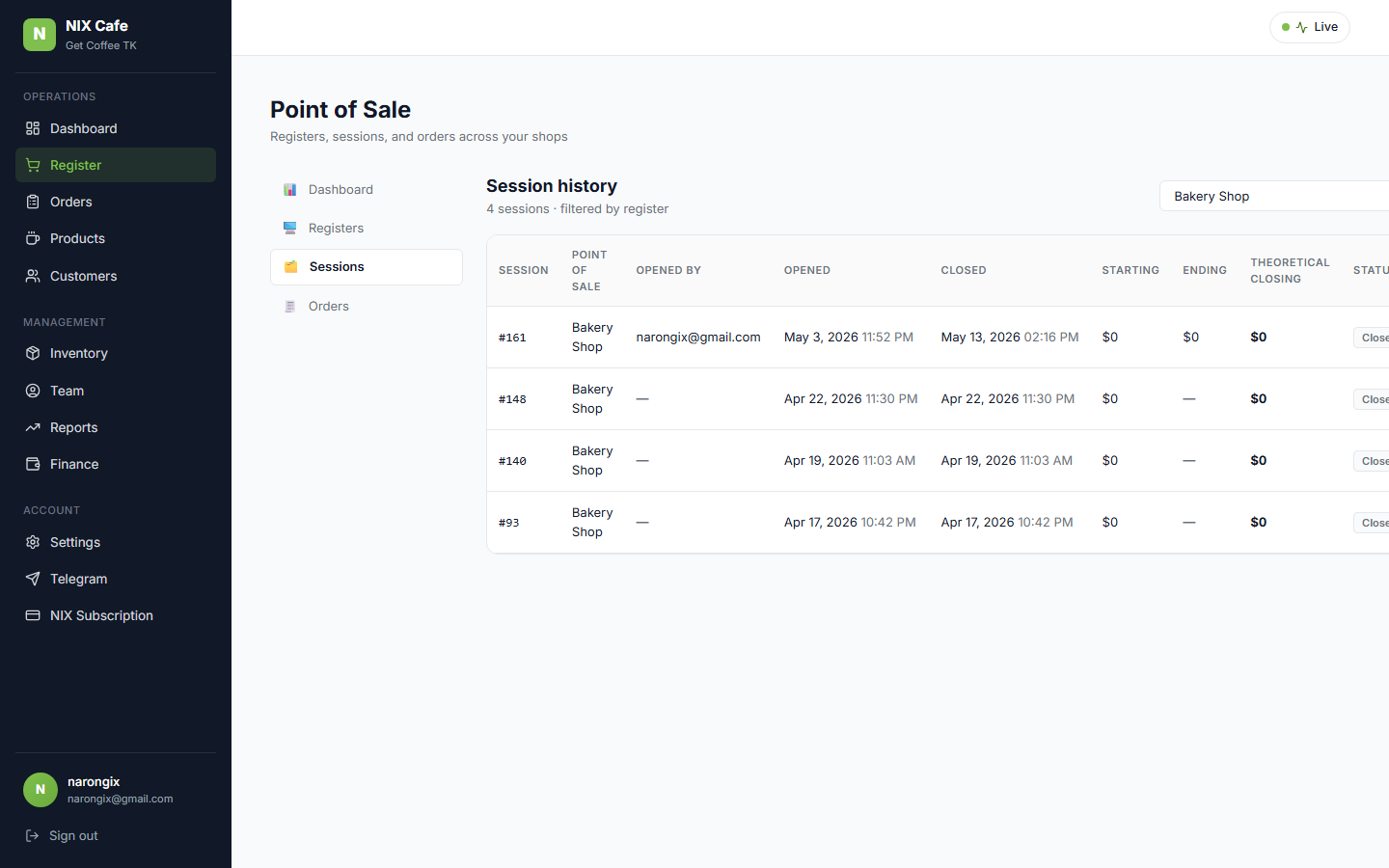 get-coffee sessions filtered by register