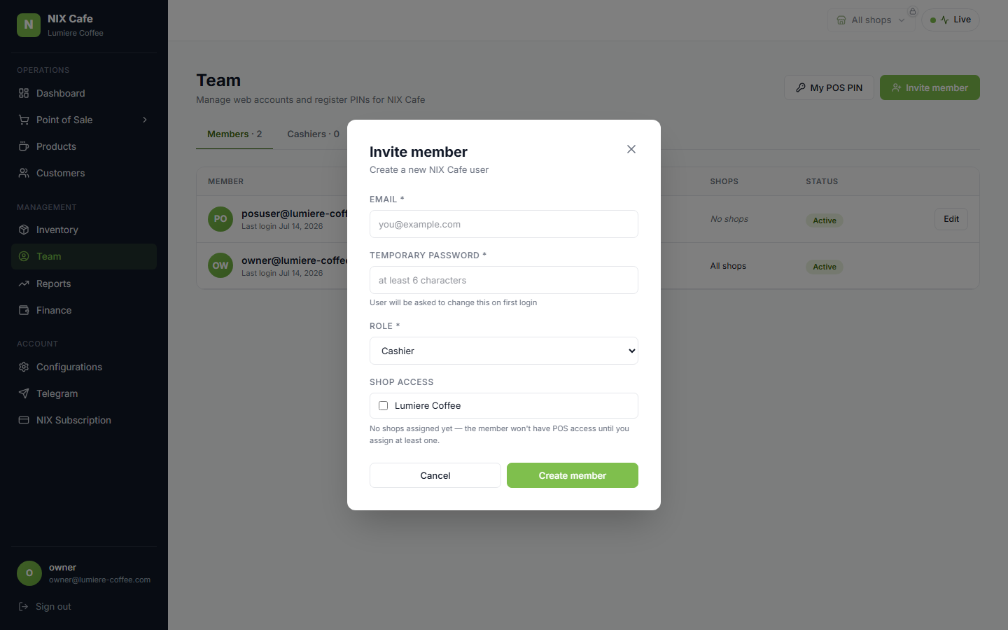 Invite dropdown with POS User