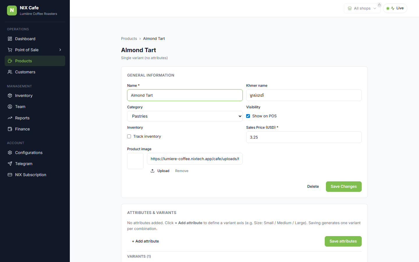 Product form with an uploaded image preview