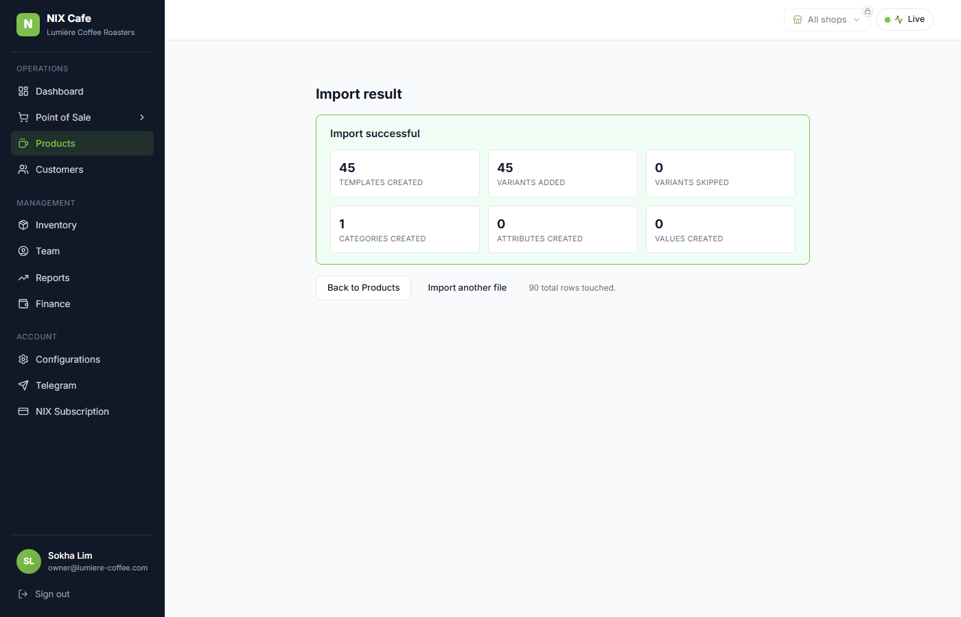 Import result page after a batched import