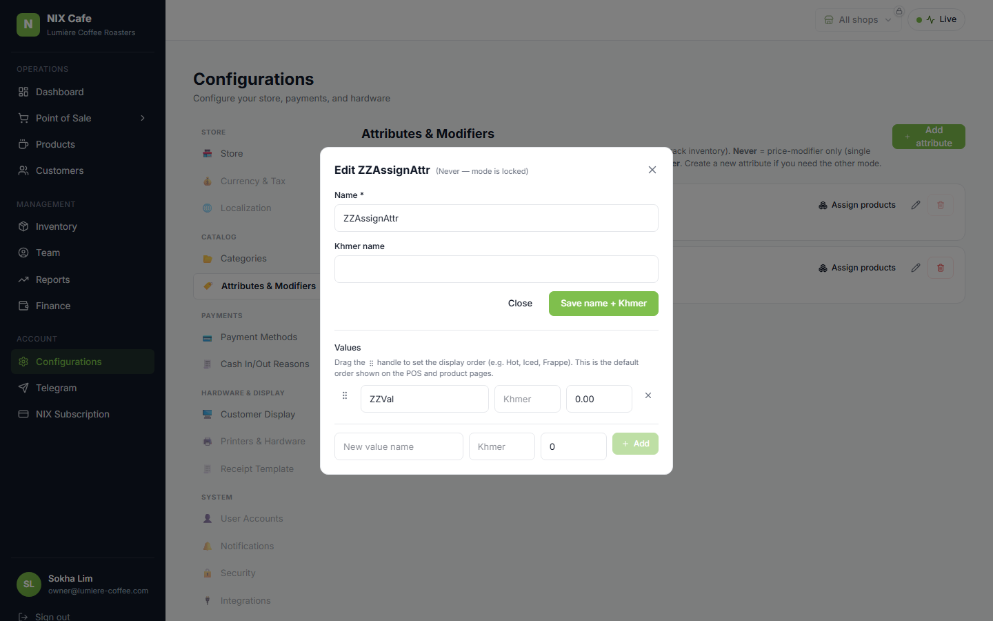 Edit attribute modal with padding