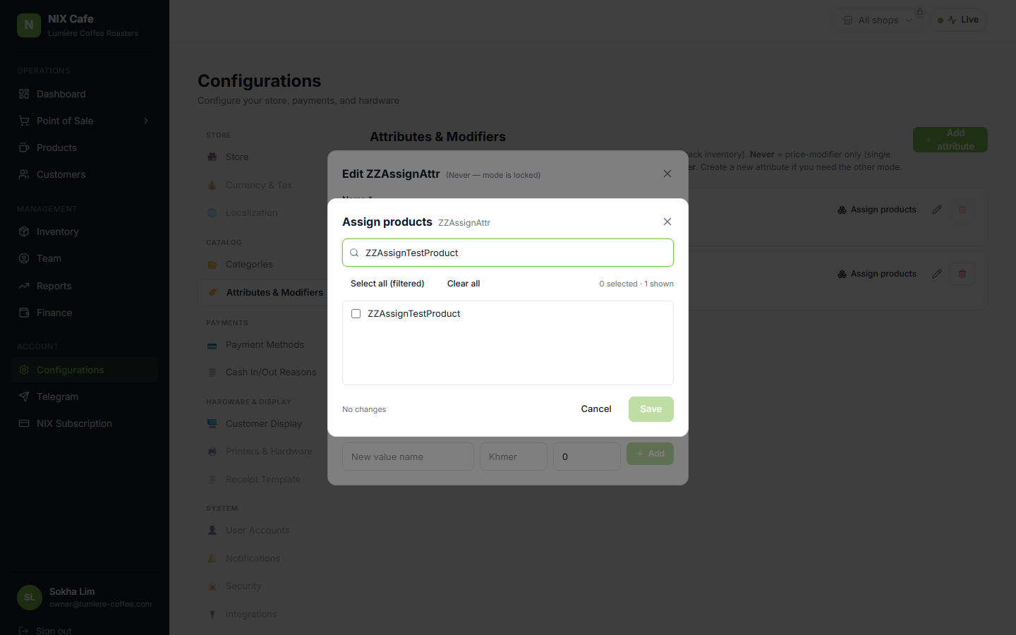 Assign products modal with search and select-all