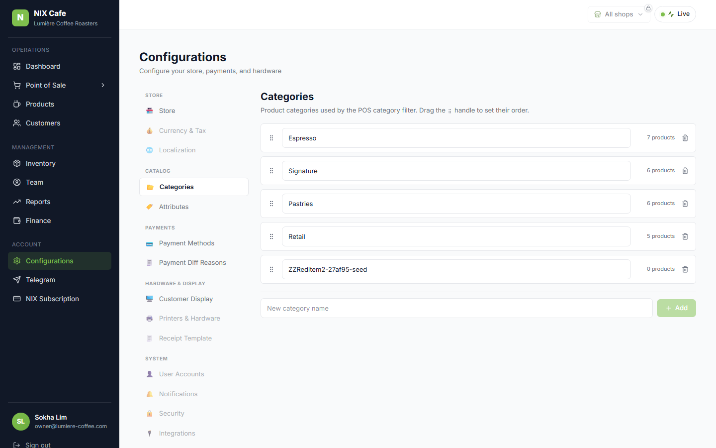 Categories management page with list, counts, add/rename/delete/reorder