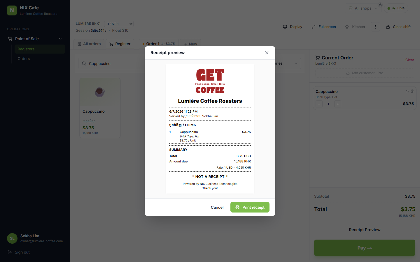 Receipt preview with Drink Type: Hot