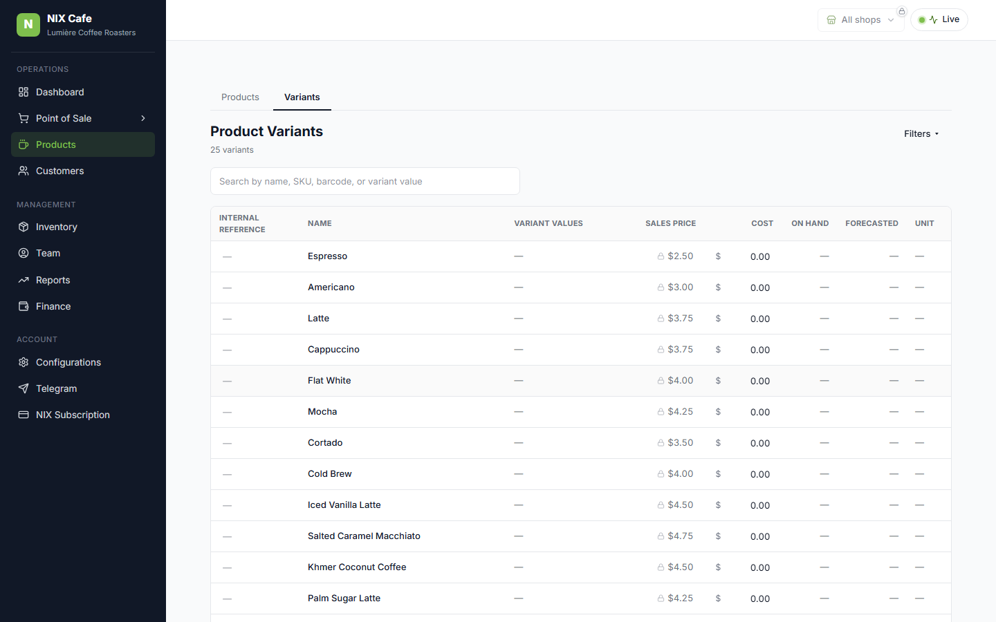 Variants table with the Sales Price column shown read-only