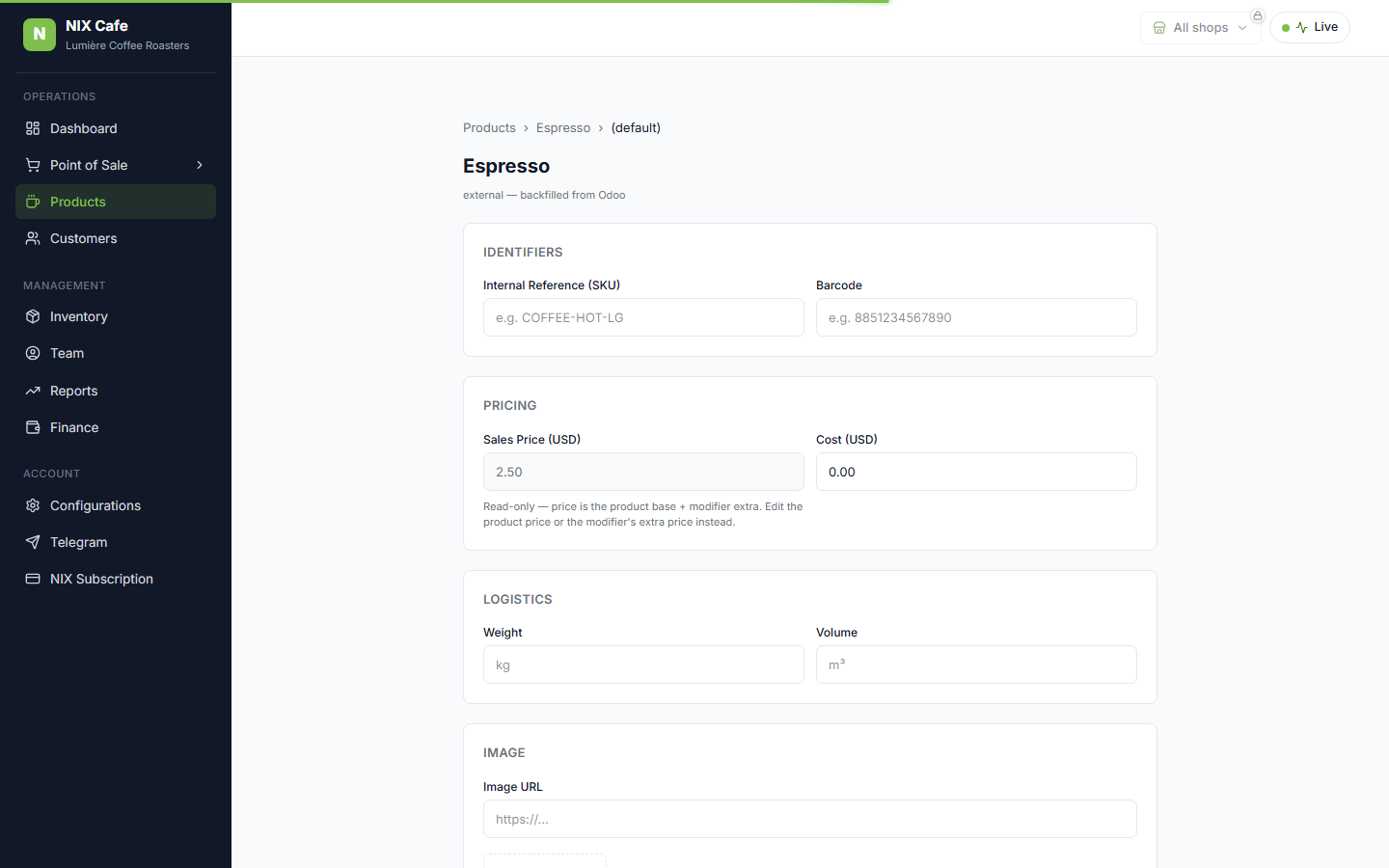 Variant detail page with the Sales Price field disabled + a read-only note