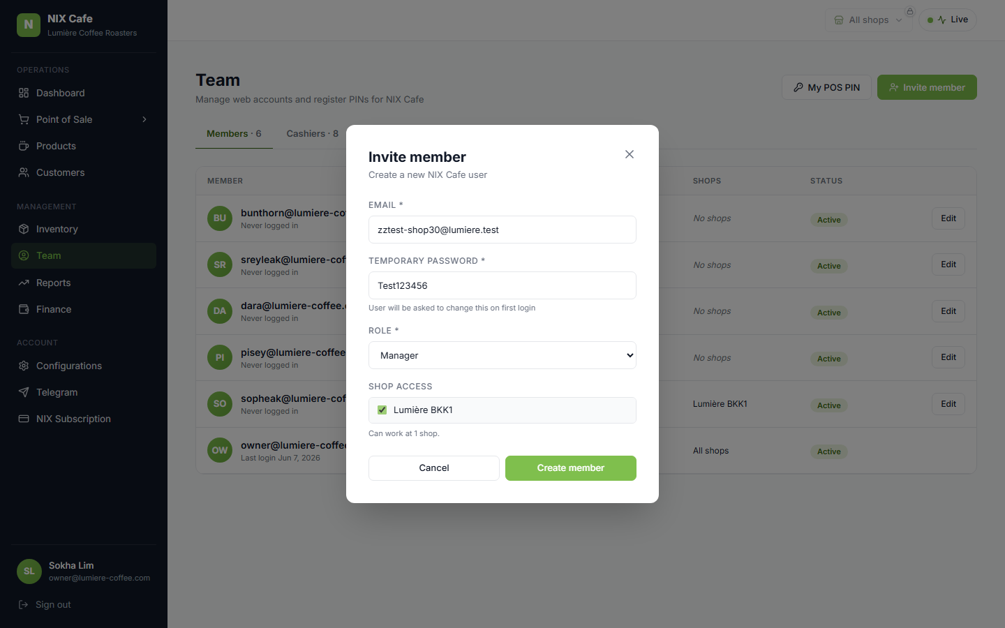 Invite member with the multi-select Shop access picker