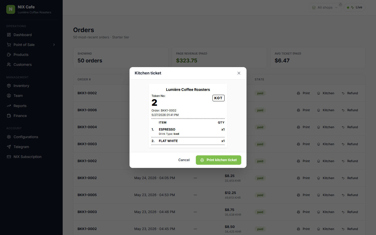 Rendered Kitchen Order Ticket on prod