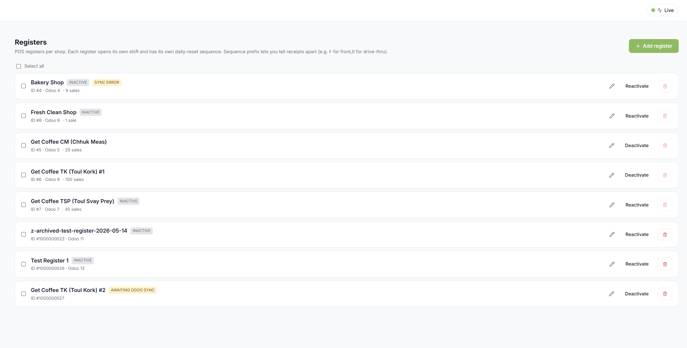 Registers page with Odoo ids and sync badges
