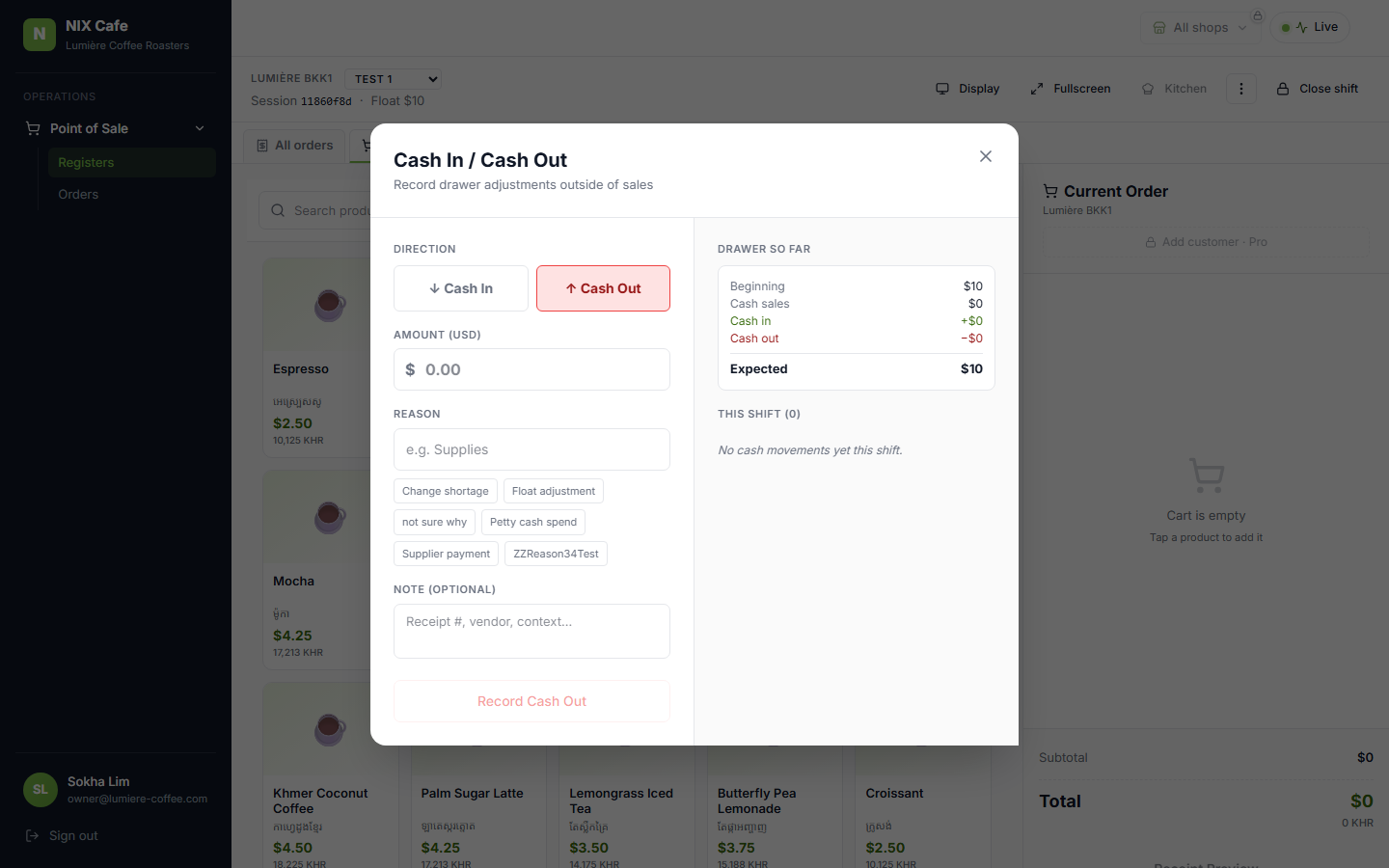 Cash In/Out dialog with reason chips from the shared list