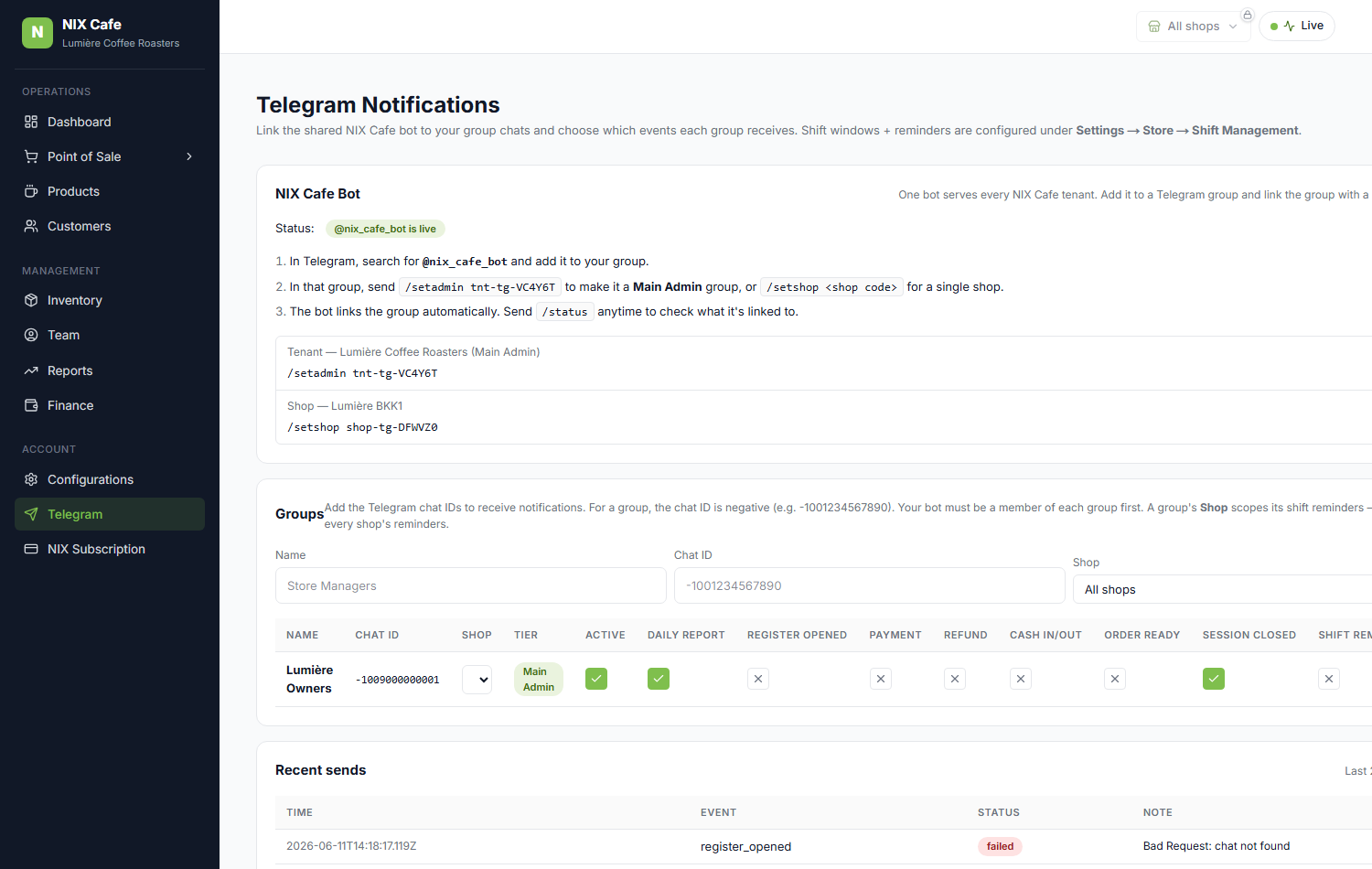 Notifications page with the per-tenant + per-shop /setadmin /setshop codes