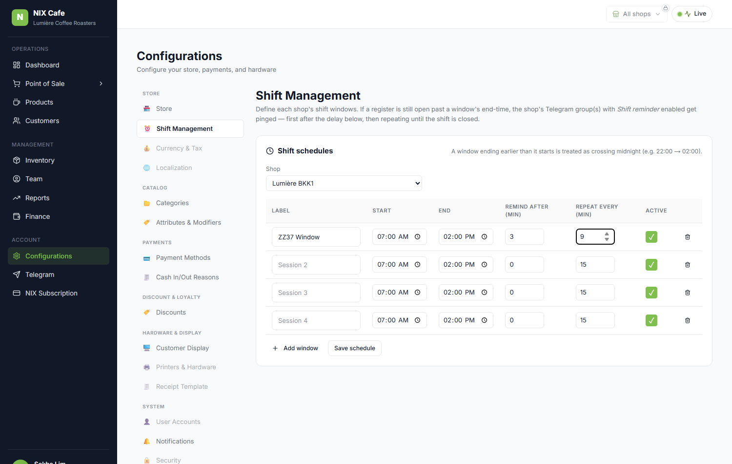 New Shift Management page with Remind-after and Repeat-every columns