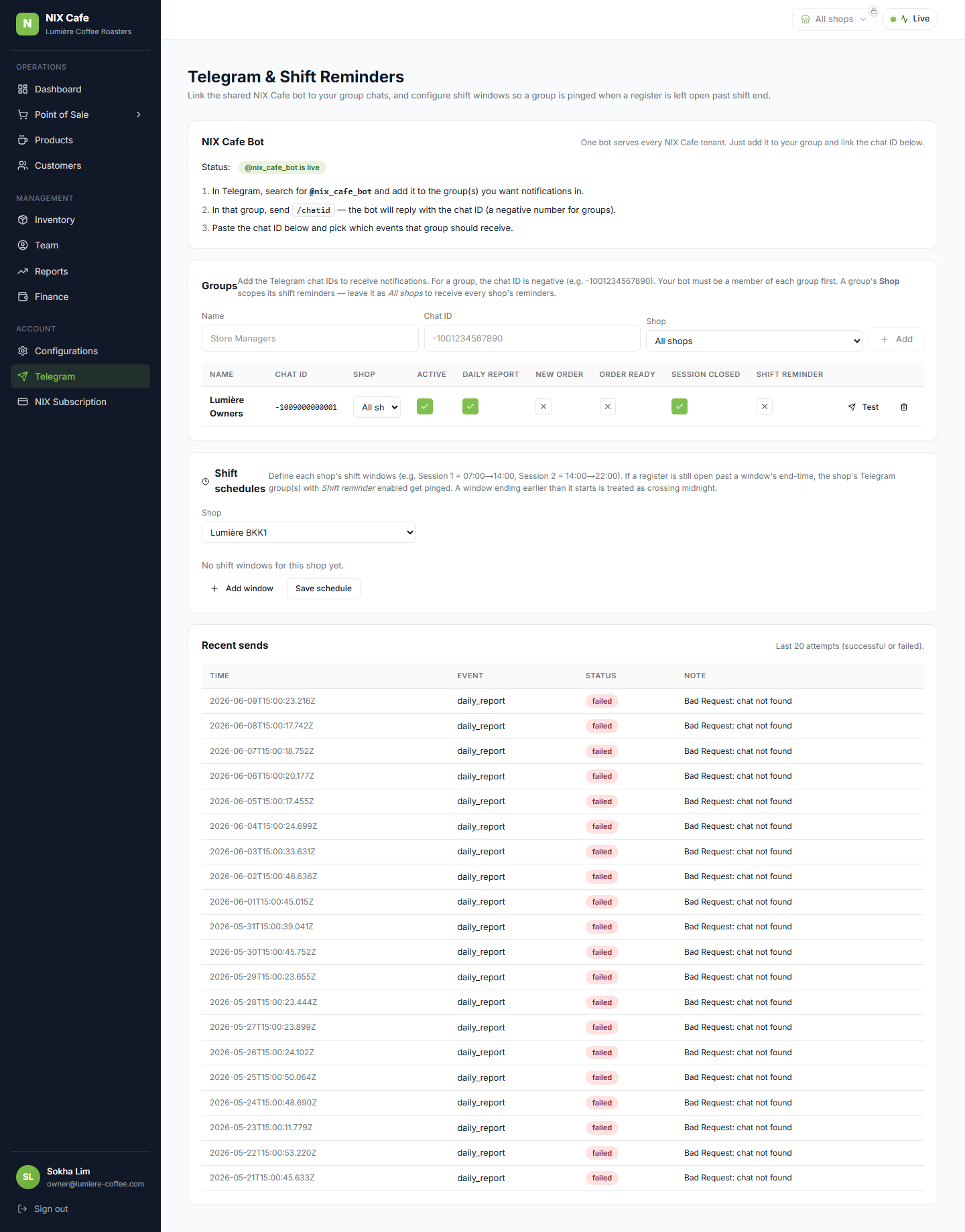 Telegram & Shift Reminders page with Shift schedules editor
