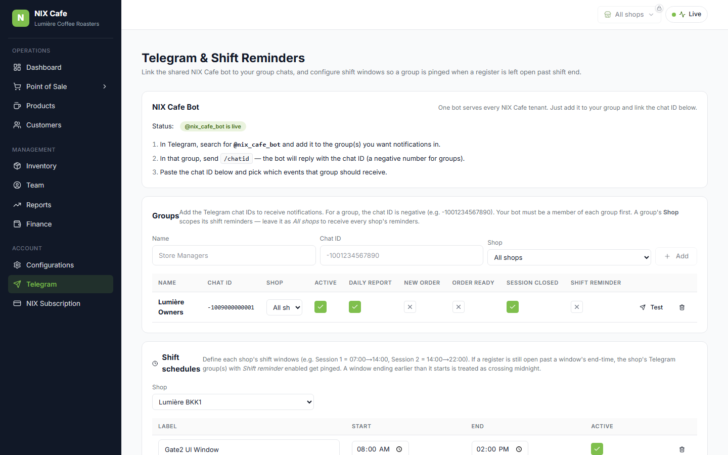 Group with Shop selector and Shift-reminder toggle