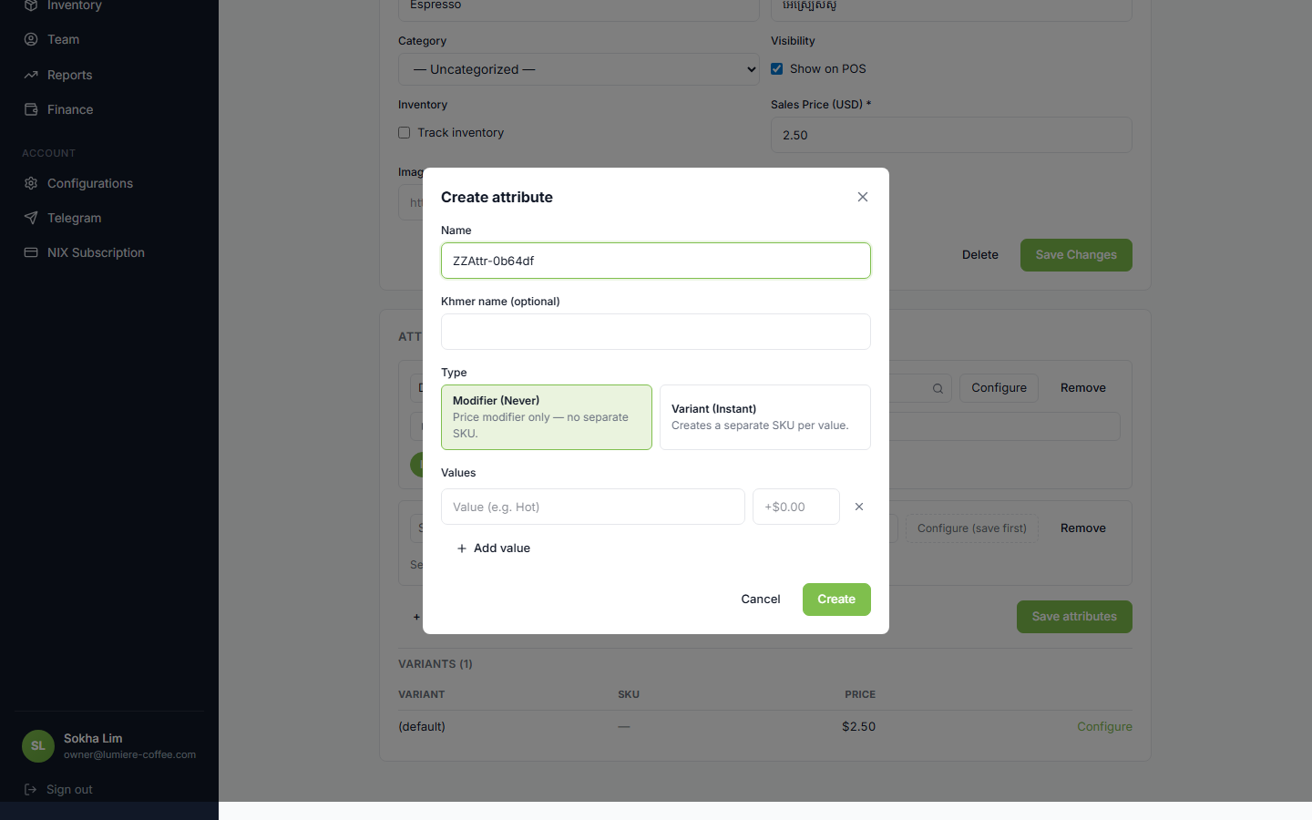Inline create-attribute popup with name pre-filled, Instant/Never, and values
