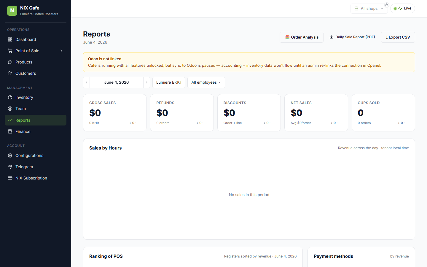 Reports page with Daily Sale Report PDF button, no separate Daily Report tab