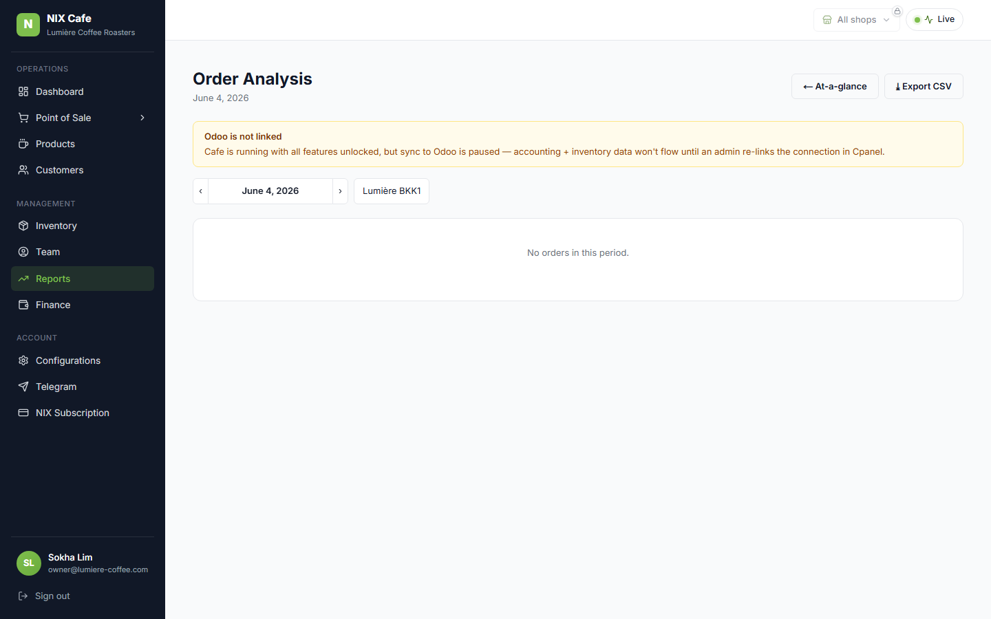 Order Analysis page using the shared date selector (Start/End + presets)