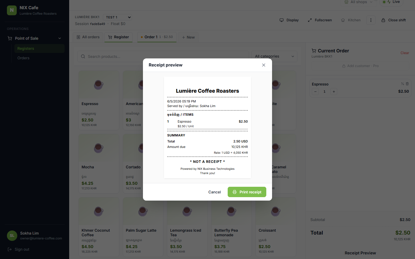Receipt Preview bill with NOT A RECEIPT banner, no order number, no payment summary