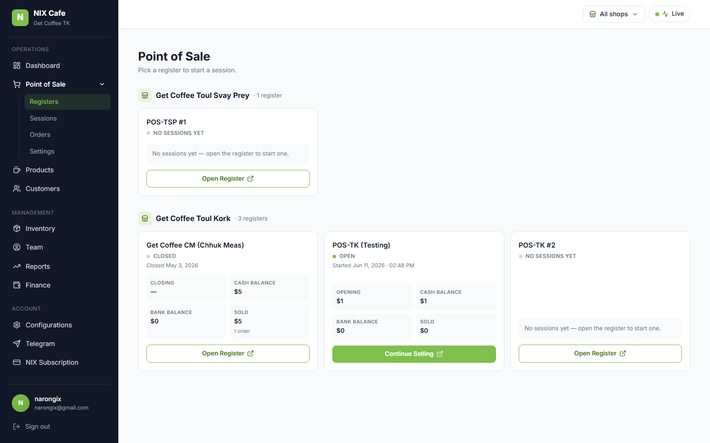 POS picker showing all registers including natives